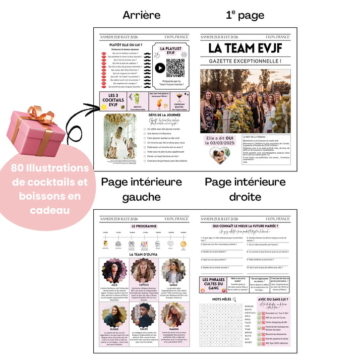 Aperçu complet de la Gazette EVJF originale  en version 4 pages : couverture avec photo de groupe, arrière avec playlist et défis, pages intérieures présentant le programme, les portraits de la team, un quiz 'Qui connaît le mieux la future mariée ?', un jeu de mots mêlés et 80 illustrations de cocktails et boissons offertes.