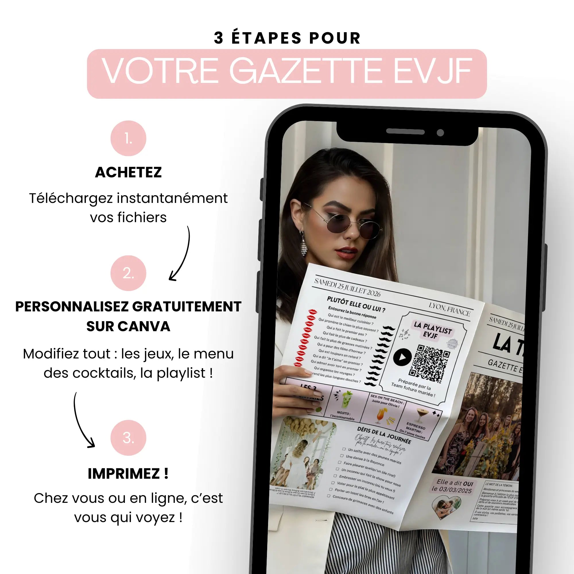 Visuel en trois étapes pour créer votre Gazette EVJF originale : acheter les fichiers, personnaliser sur Canva et imprimer. 