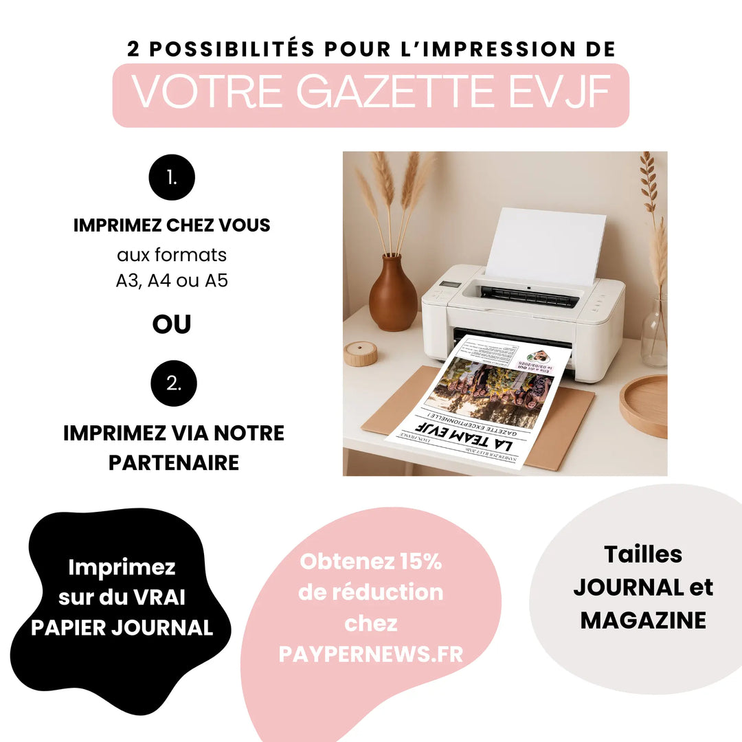 Visuel présentant deux options pour l’impression de votre Gazette EVJF originale: imprimer chez soi aux formats A3, A4 ou A5, ou via un partenaire sur vrai papier journal. Une imprimante domestique imprime la Gazette EVJF Fun.