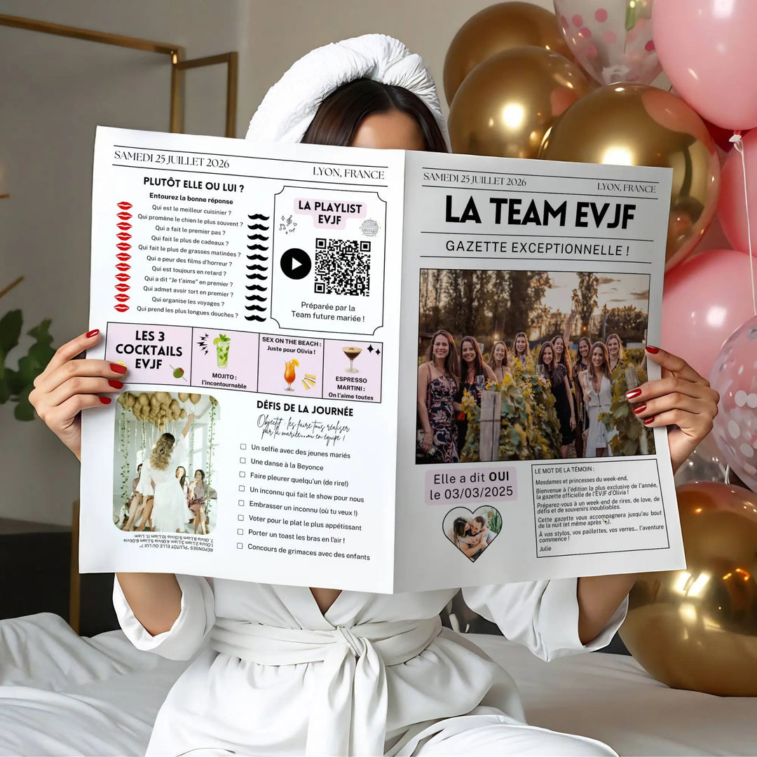 Femme tenant un cadeau EVJF, une gazette EVJF personnalisé pour la future mariée avec jeux, playlist, qr code, cocktails et plus encore...