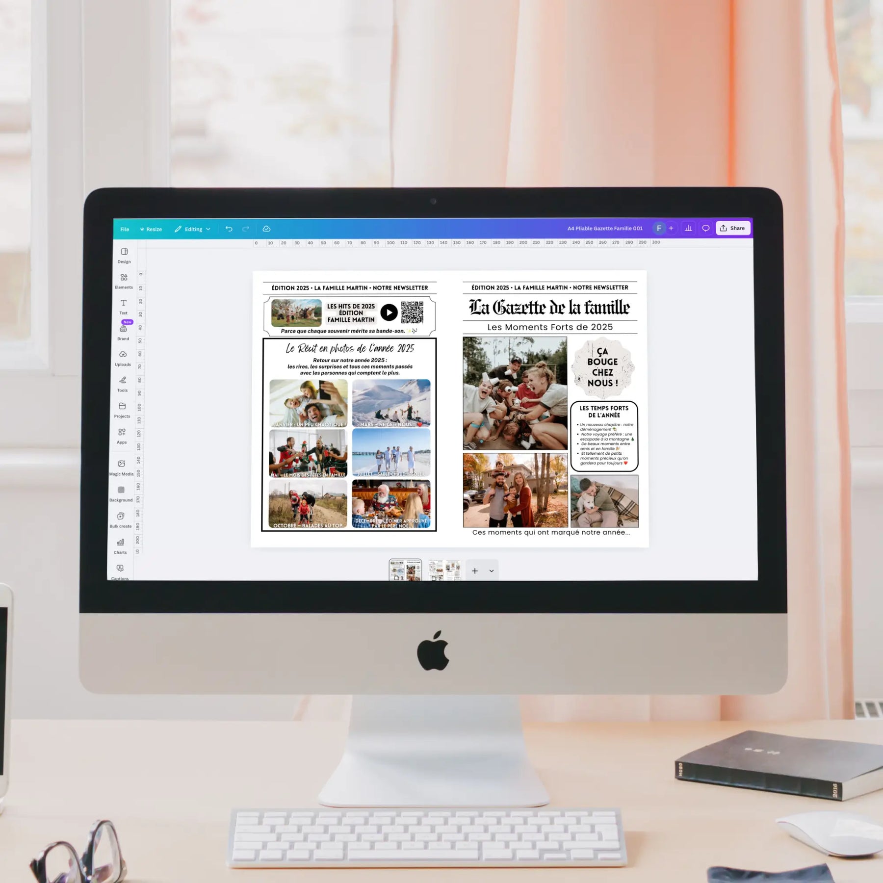 Écran d’ordinateur affichant la création d’une gazette de votre famille sur Canva, un journal familial personnalisé idéal comme cadeau de Noël préféré des grands-parents.