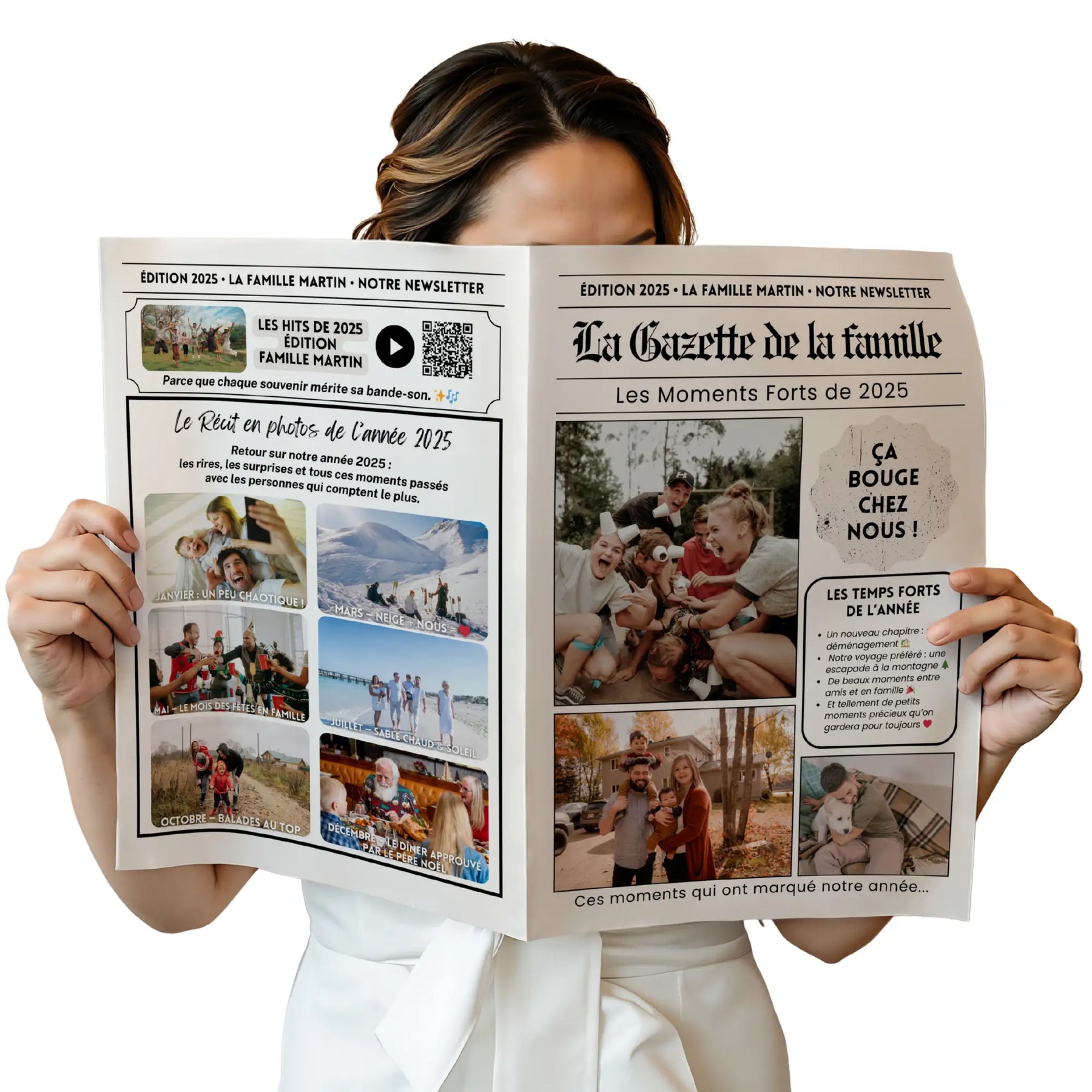 Jeune femme lisant un journal familial rempli de photos et souvenirs 2025 — une idée cadeau de Noël parfaite pour les grands-parents.