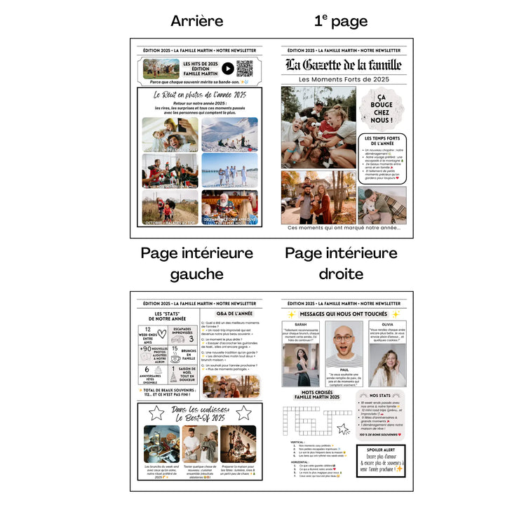 Aperçu complet de la gazette de votre famille avec ses 4 pages personnalisables — un journal familial moderne, parfait comme cadeau de Noël pour les grands-parents.
