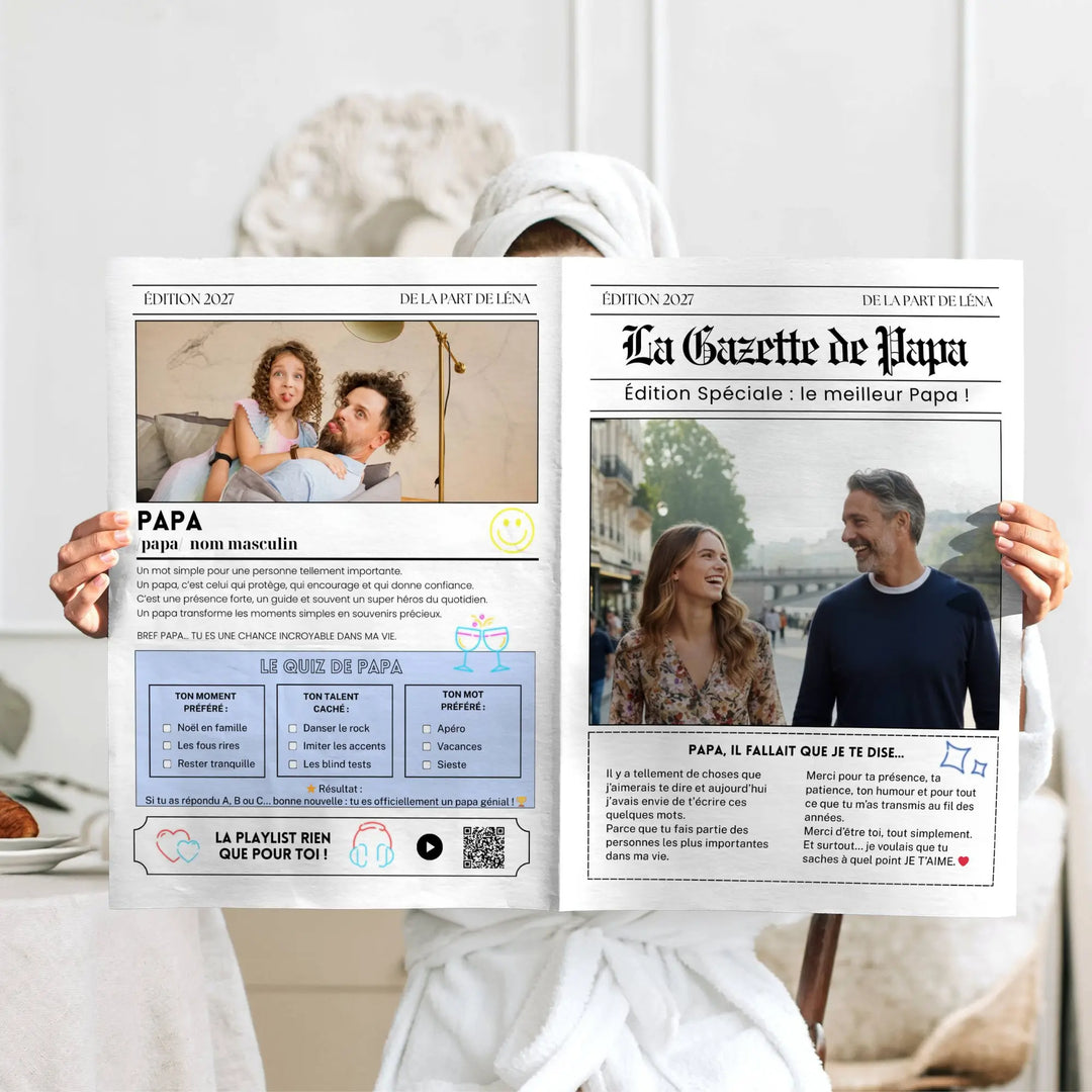 Photo d'une gazette anniversaire papa tenue dans les mains avec des photos, jeux, playlist personnalisables.