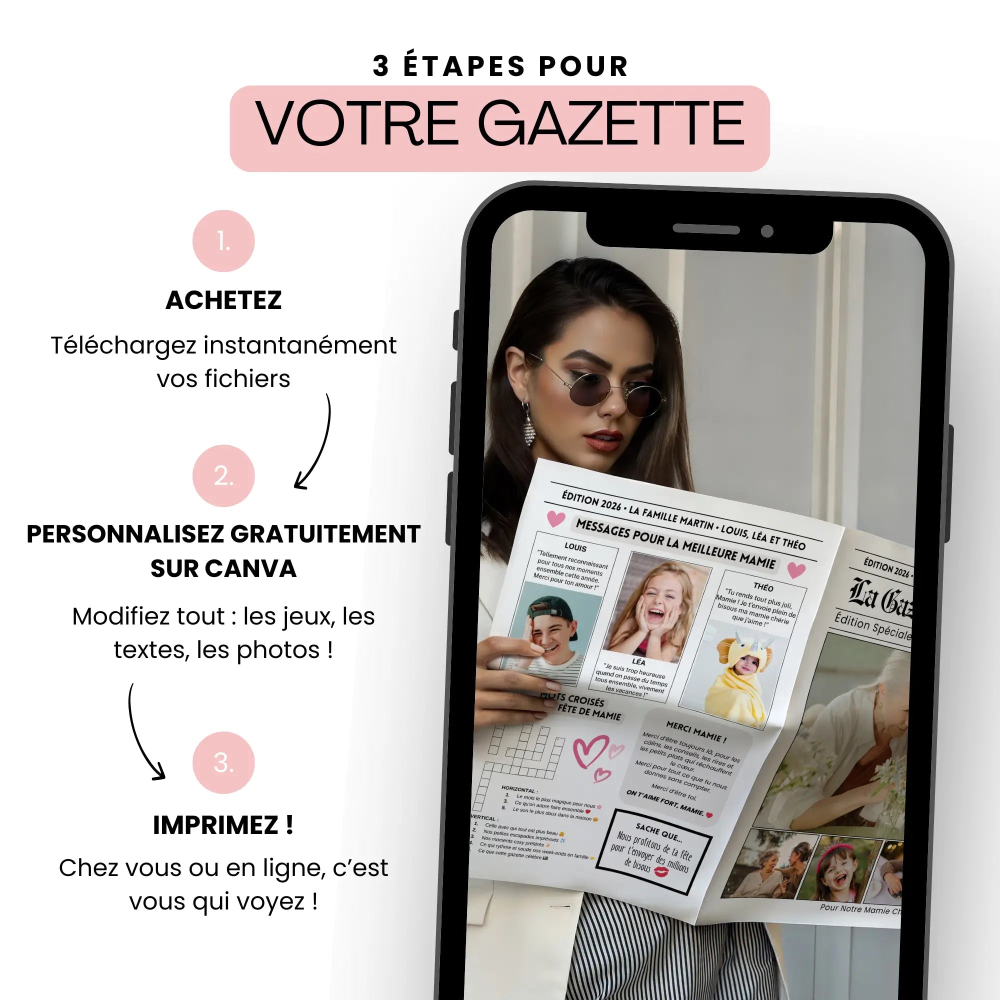 Femme tenant une gazette personnalisée spéciale fête des grands-mères, un journal familial à personnaliser sur Canva — idée cadeau “Bonne fête Mamie” originale et pleine d’émotion.