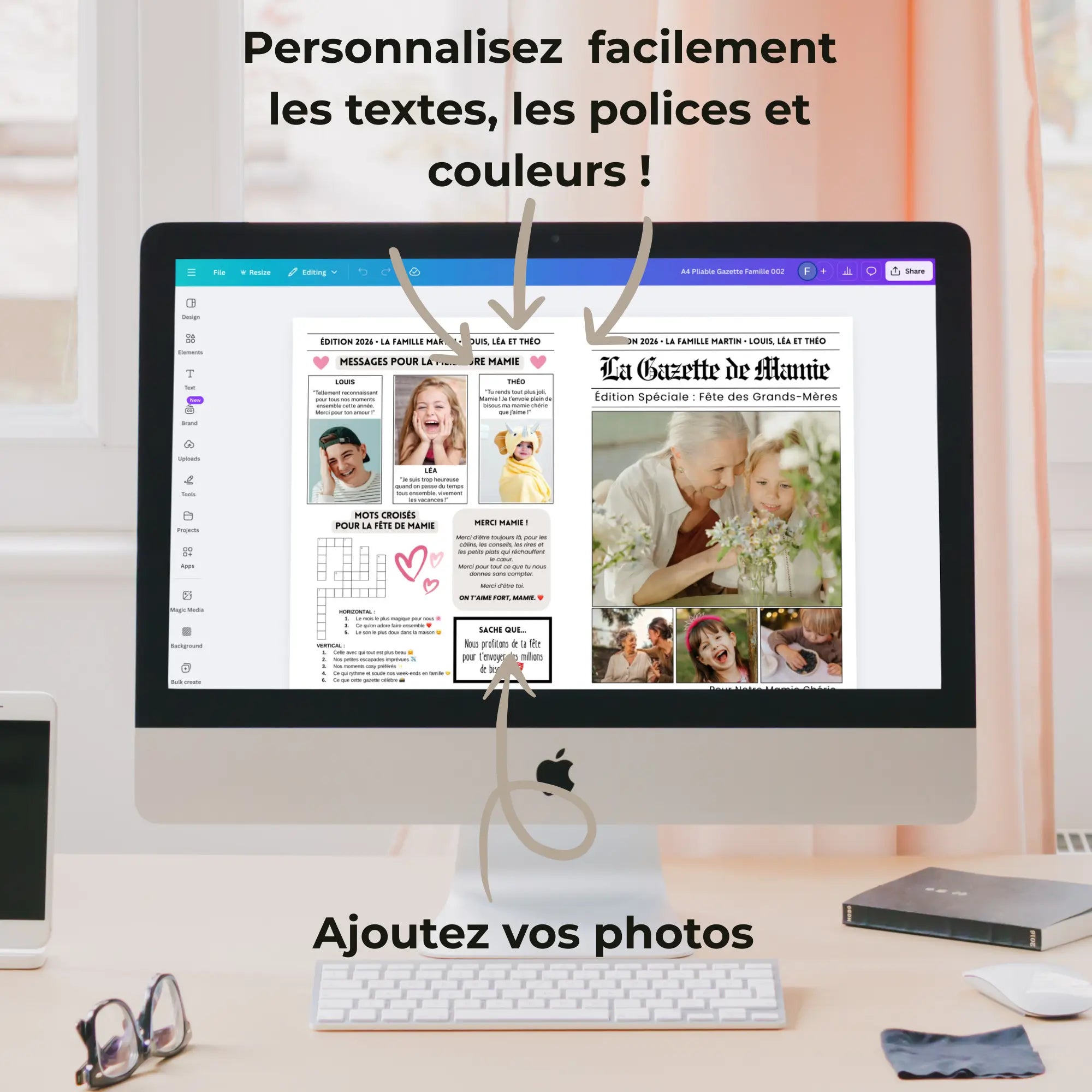 Écran d’ordinateur affichant une gazette personnalisable pour la fête des grands-mères sur Canva, un journal familial à modifier facilement.