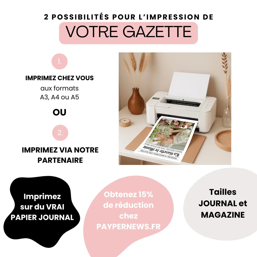 Impression facile de votre gazette personnalisée pour la fête des grands-mères, à la maison ou via un partenaire, pour créer un cadeau tendre et unique pour Mamie.