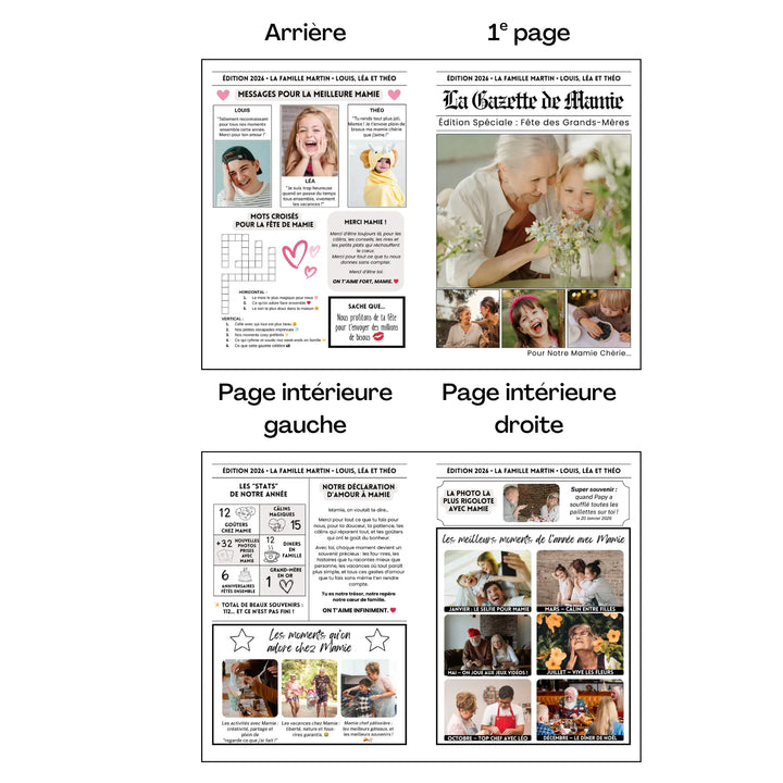 Aperçu complet d’une gazette personnalisée spéciale fête des grands-mères, un journal familial rempli de photos, souvenirs et messages pour offrir un cadeau unique et émouvant à Mamie.