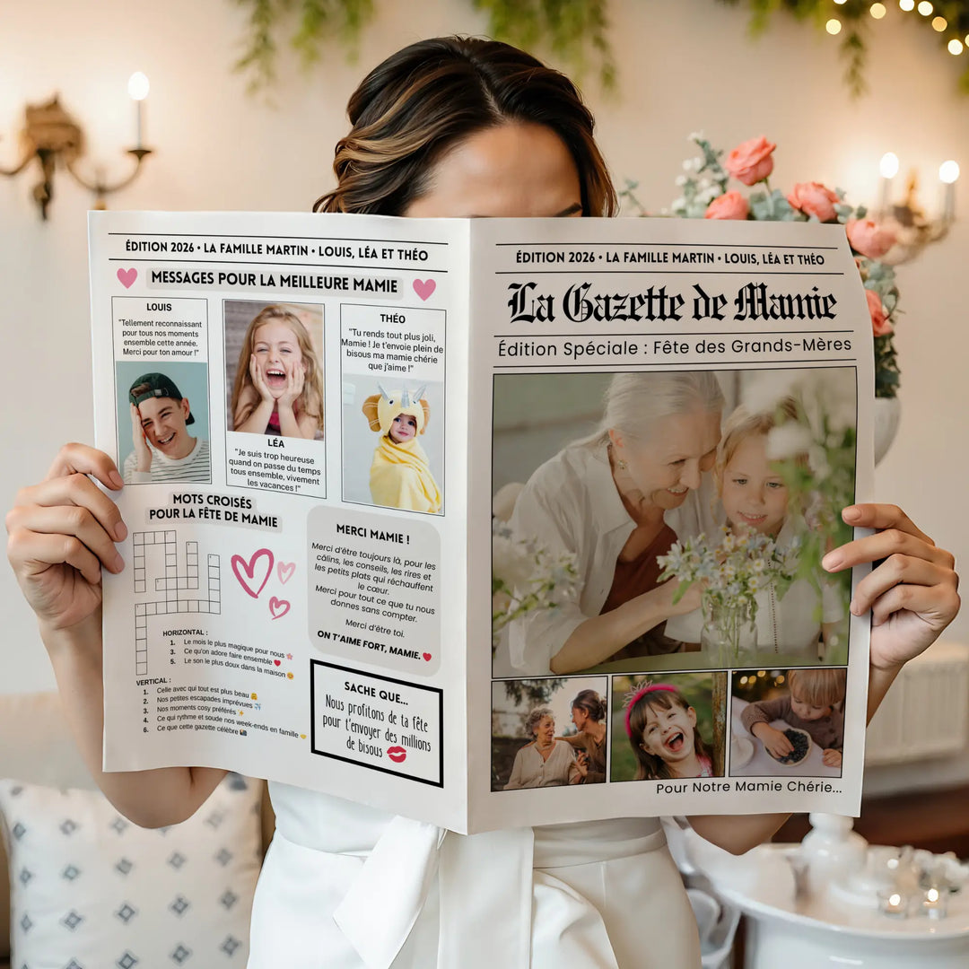 Femme tenant une gazette personnalisée spéciale fête des mamies.