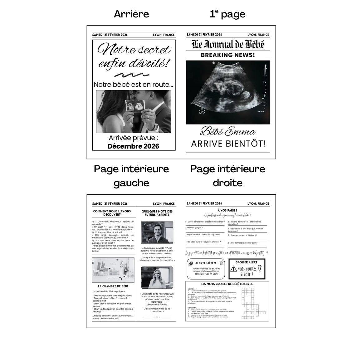 4 pages du journal personnalisé de grossesse avec échographie et date de la naissance prévue.