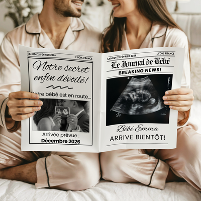 Couple tient un journal personnalisé de grossesse pour révéler la maternité aux amis et à la famille.