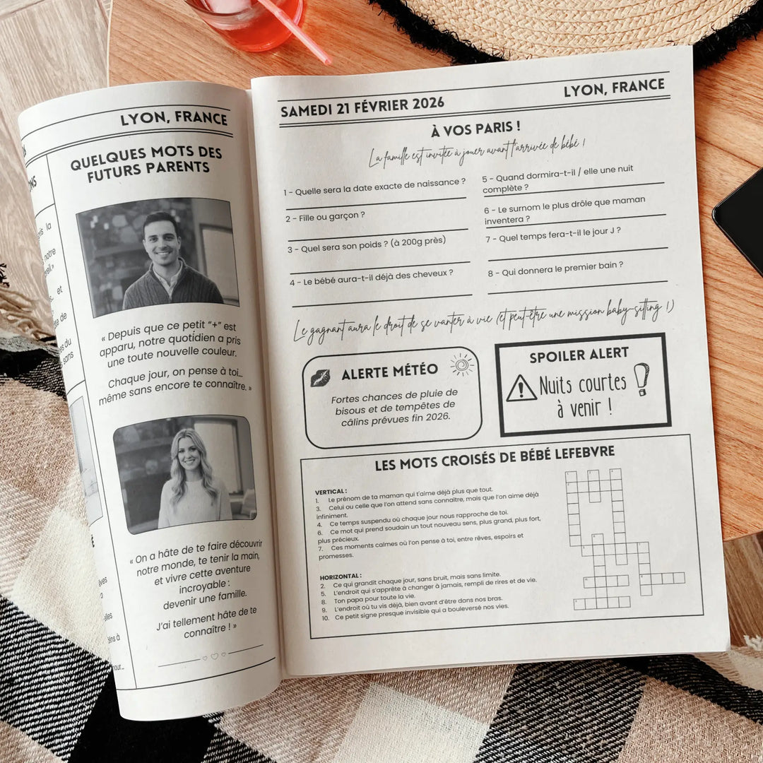 Intérieure d'un journal pour révéler sa grossesse sur les réseaux sociaux, Instagram, TikTok, Facebook.