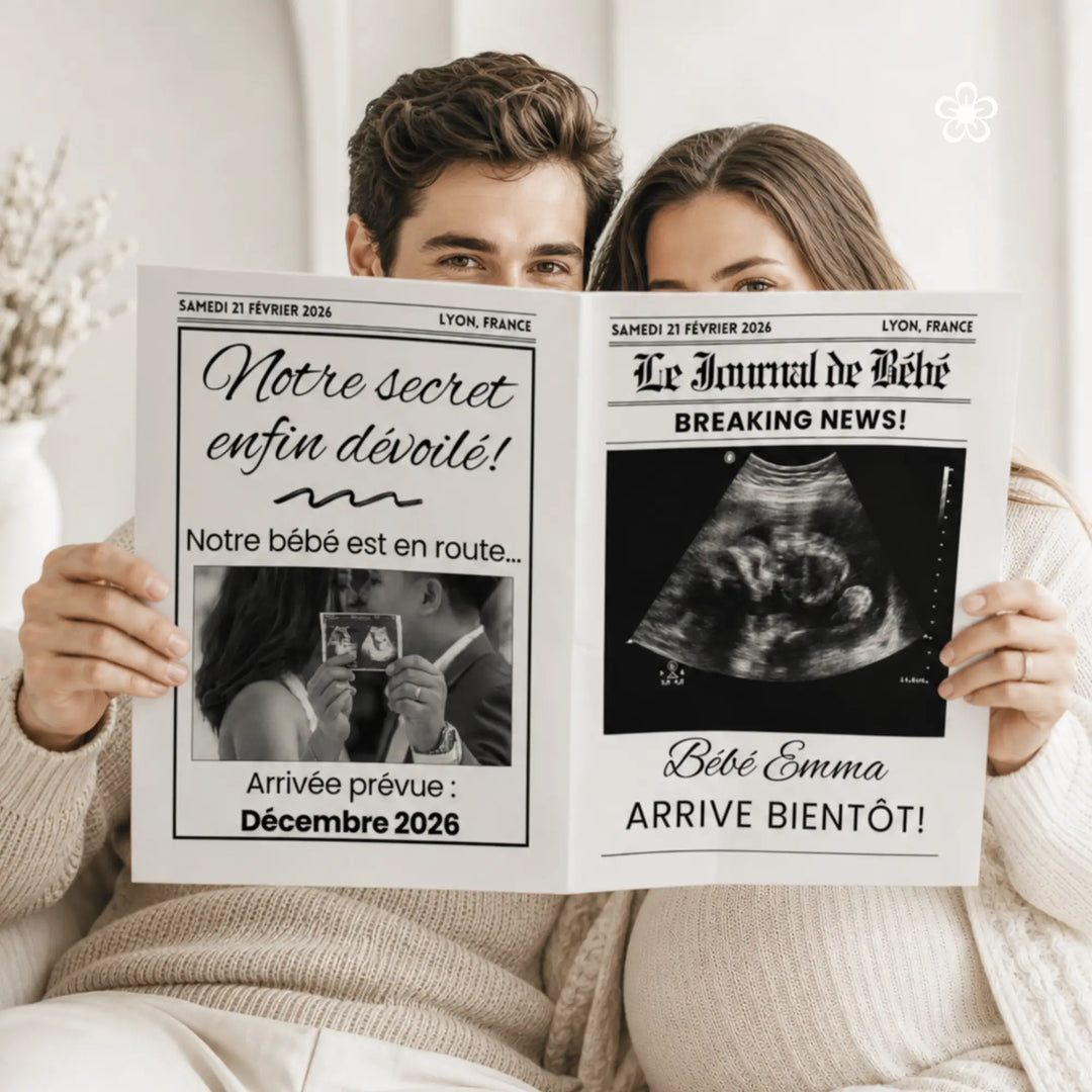 Couple tenant devant eux leur gazette reveal grossesse personnalisée sur Canva avec un modèle Template Boutique Cie.