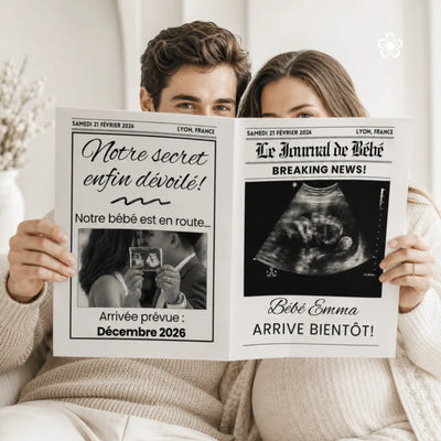 Couple tenant devant eux leur gazette reveal grossesse personnalisée sur Canva avec un modèle Template Boutique Cie.