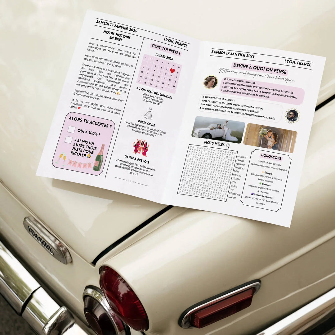 Photo d'une gazette annonce témoin mariage ouverte sur le capot d'une voiture de collection. Un journal diy, modele canva pour faire un cadeau invité pas cher.