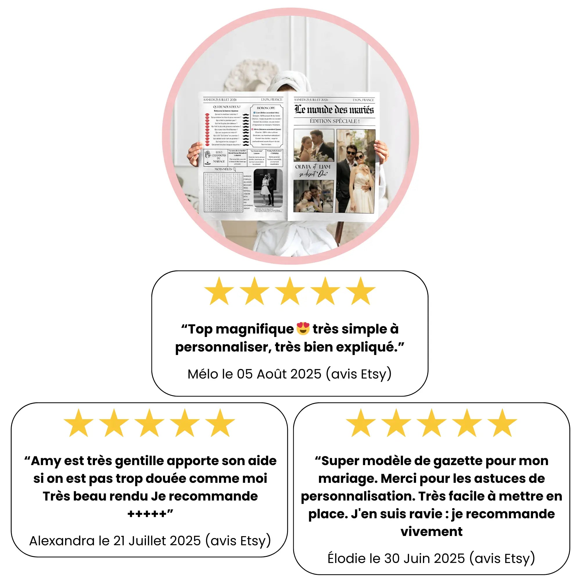 Image promotionnelle présentant des avis clients 5 étoiles sur une gazette de mariage personnalisable. En haut, photo d’une personne en peignoir tenant la gazette “Le monde des mariés – Édition spéciale”. En dessous, trois témoignages :

“Top magnifique😍 très simple à personnaliser, très bien expliqué.” – Mélo, 5 août 2025 (avis Etsy).

“Amy est très gentille apporte son aide si on est pas trop douée comme moi. Très beau rendu. Je recommande +++++” – Alexandra, 21 juillet 2025 (avis Etsy).
