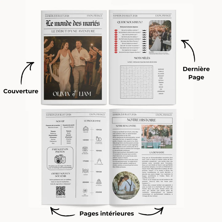 Contenu des 4 pages du journal personnalisé mariage boheme, modèle canva facile à modifier.