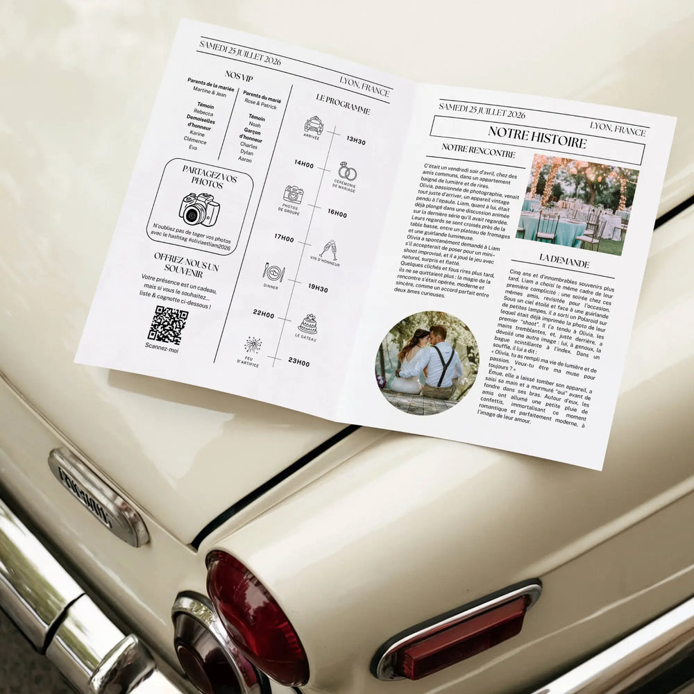 Photo d'une gazette mariage ouverte sur le capot d'une voiture de collection. Un journal diy, modele canva pour faire un cadeau invité pas cher.