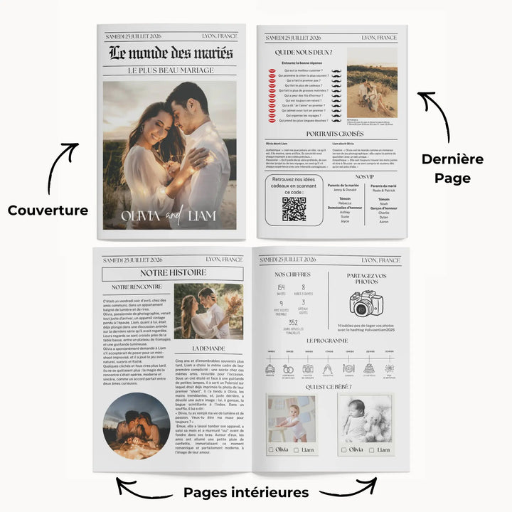 Contenu des 4 pages du journal personnalisé mariage classique, modèle canva facile à modifier.