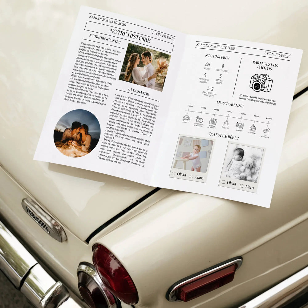 Photo d'une gazette mariage classique ouverte sur le capot d'une voiture de collection. Un journal diy, modele canva pour faire un cadeau invité pas cher.