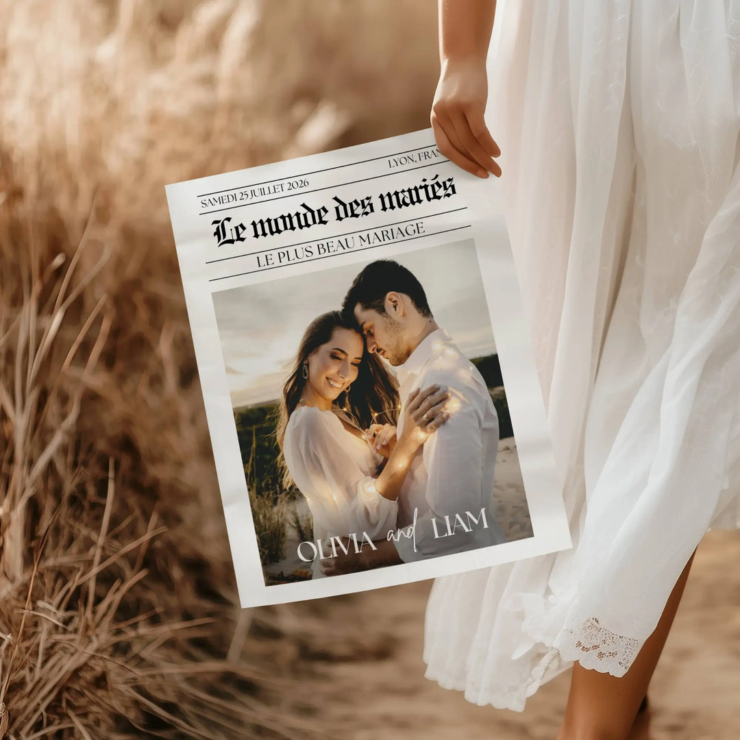 Photo d'une femme tenant dans la main la gazette mariage classique, un journal personnalisé par le couple qui est un parfait cadeau invité mariage.