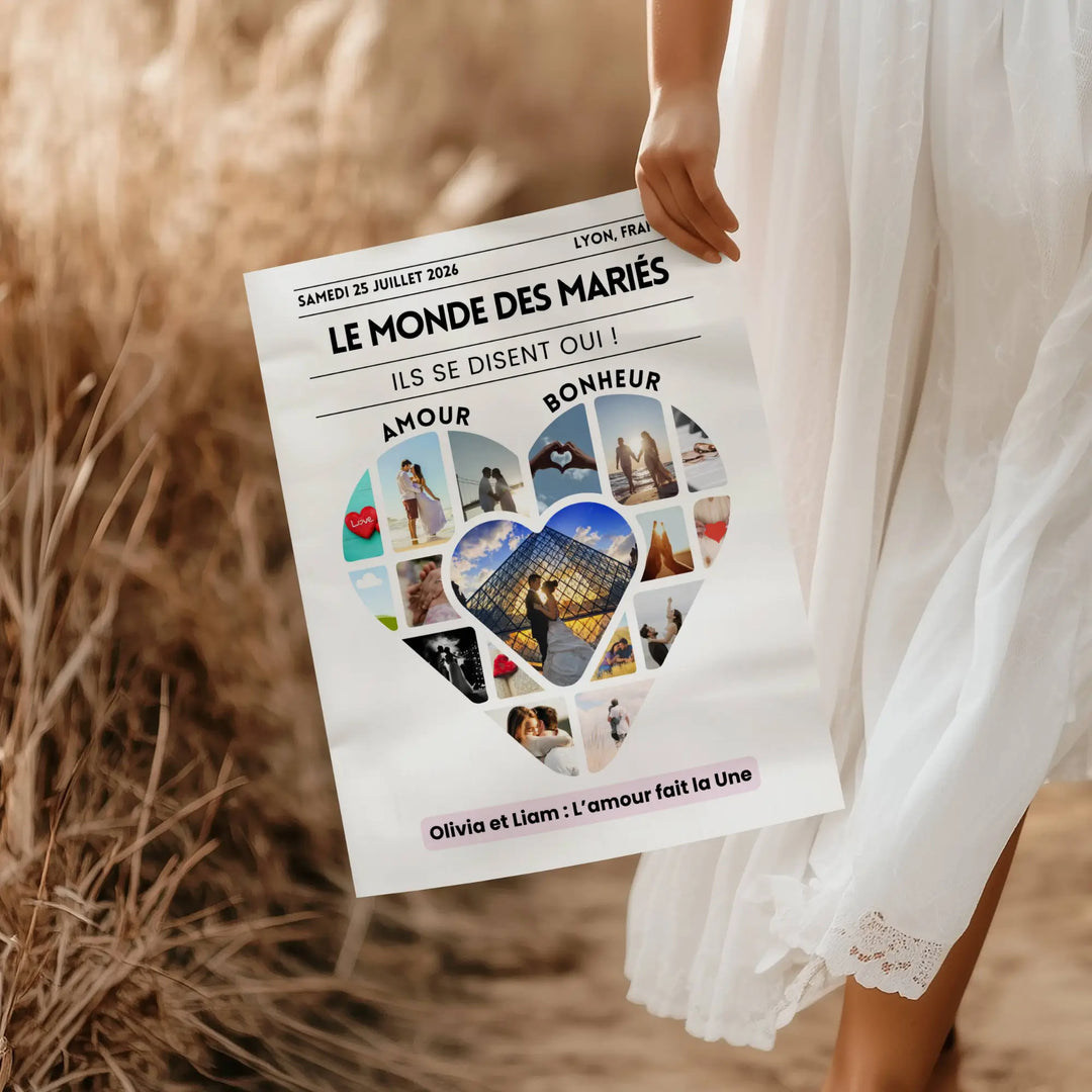 Photo d'une femme tenant dans la main la gazette mariage romantique, un journal personnalisé par le couple qui est un parfait cadeau invité mariage.