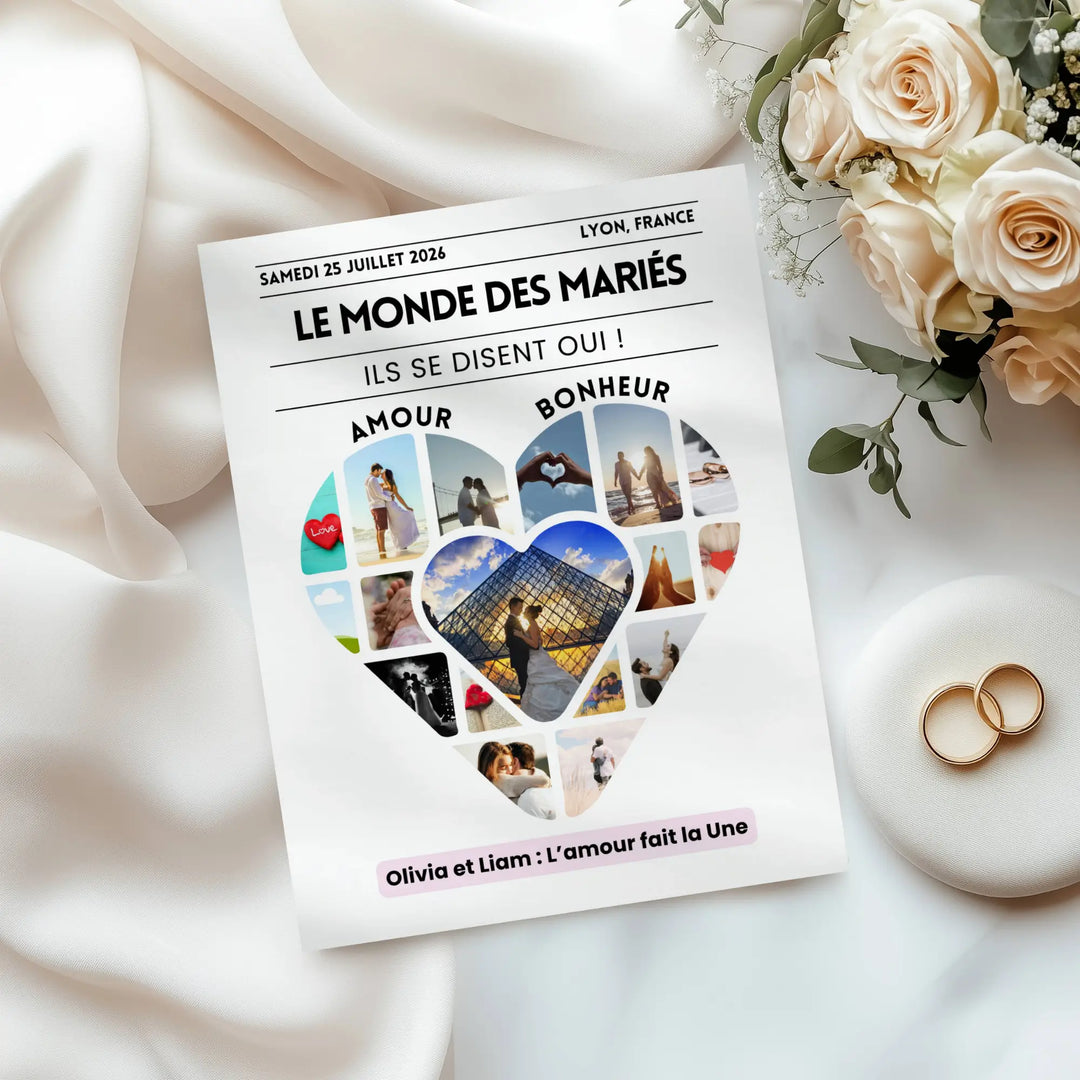 Photo d'un journal personnalisé mariage romantique avec photo des jeunes mariés, une gazette diy cadeau invité. On voit des roses et des alliances qui rappellent le mariage.
