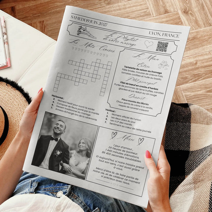 gazette mariage canva, 4 pages pour raconter son histoire, photos et jeux personnalisables.