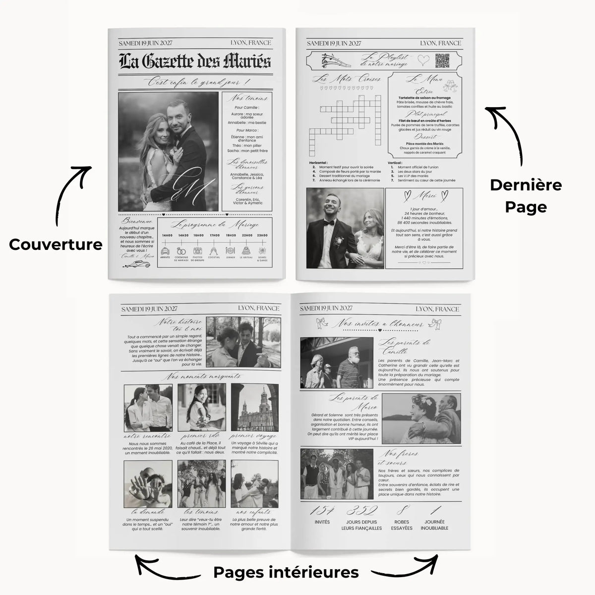 Contenu des 4 pages du journal personnalisé mariage noir et blanc, modèle canva.