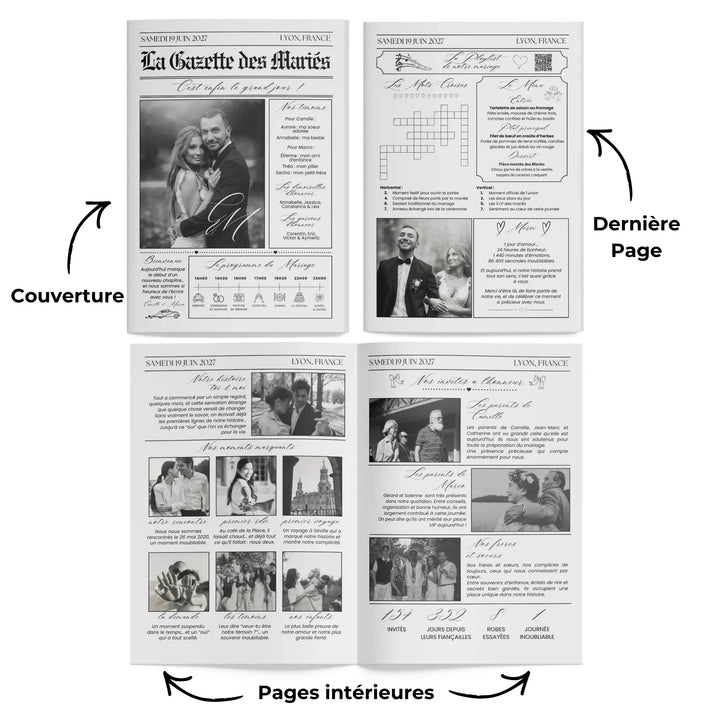 Contenu des 4 pages du journal personnalisé mariage noir et blanc, modèle canva.