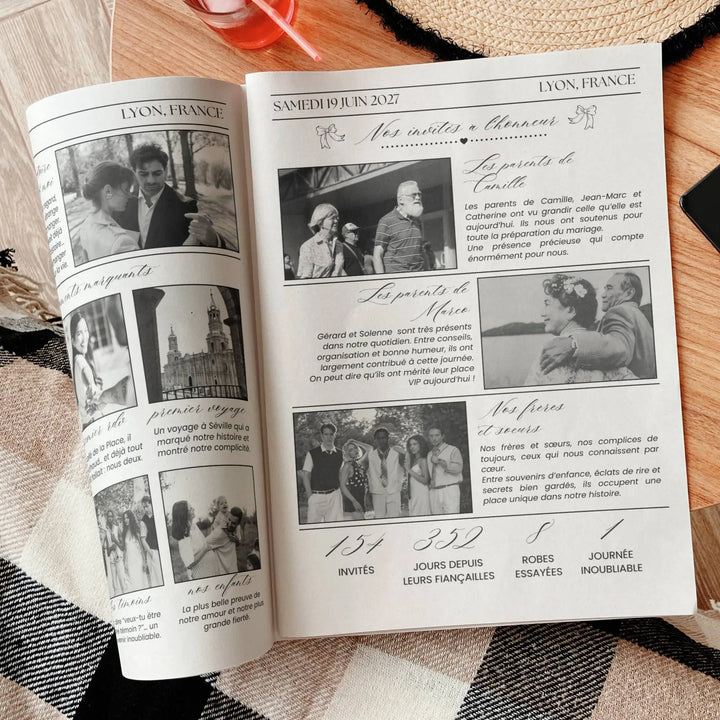 gazette mariage diy, 4 pages pour raconter son histoire, programme, menu, photos et jeux personnalisables.