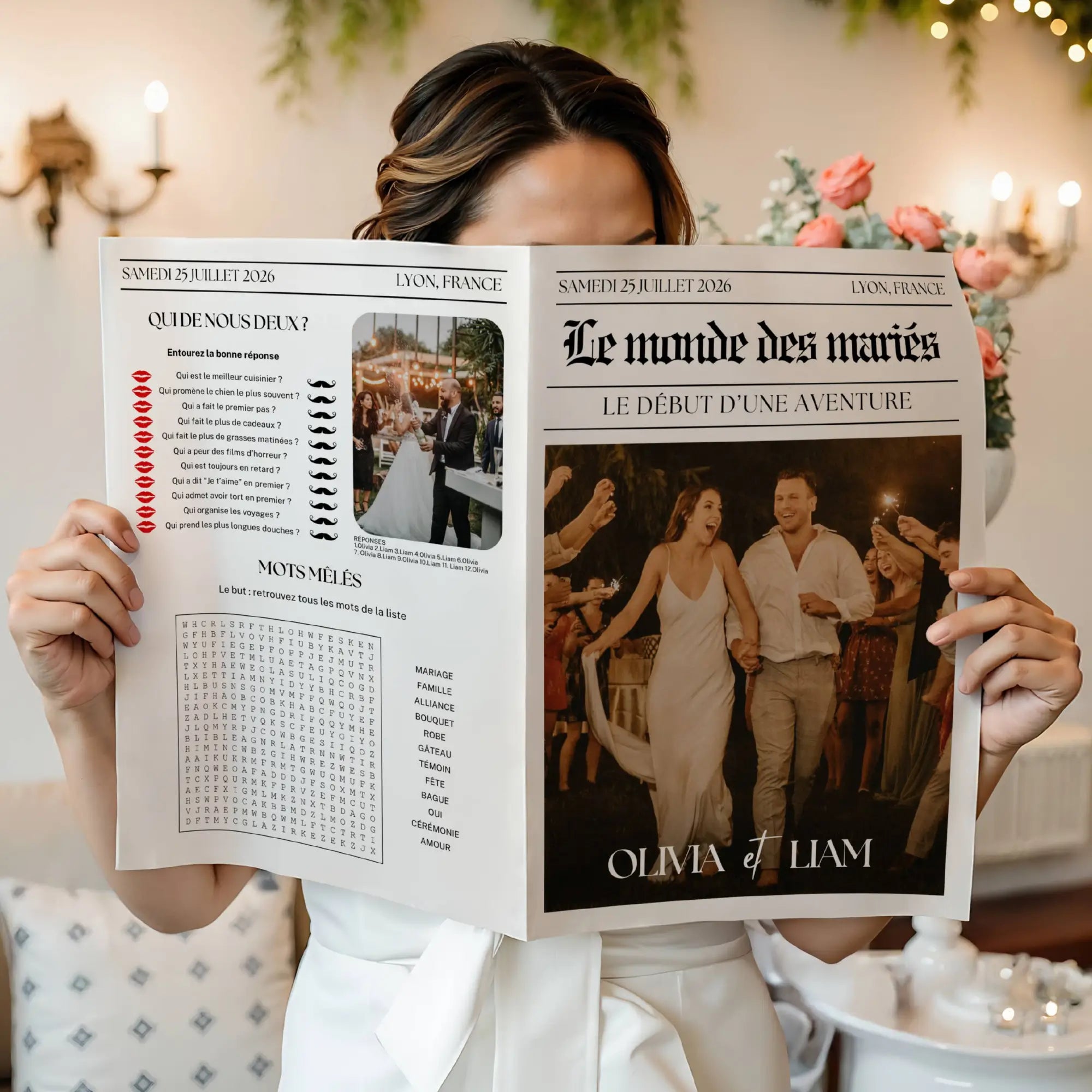 Mariée vêtue de blanc tenant une gazette de mariage bohème, avec en couverture les mariés marchant main dans la main lors d’une soirée festive, et à gauche un quiz humoristique et une grille de mots mêlés sur le thème du mariage.