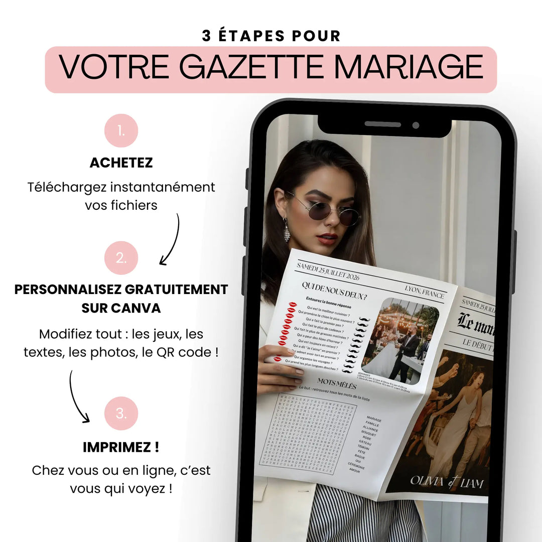 Infographie présentant les 3 étapes pour créer une gazette de mariage bohème : 1. Acheter et télécharger les fichiers, 2. Personnaliser gratuitement sur Canva (jeux, textes, photos, QR code), 3. Imprimer chez soi ou en ligne. Au centre, l’écran d’un smartphone affiche une femme élégante lisant la gazette Le monde des mariés – Le début d’une aventure, avec un quiz et une grille de mots mêlés visibles.