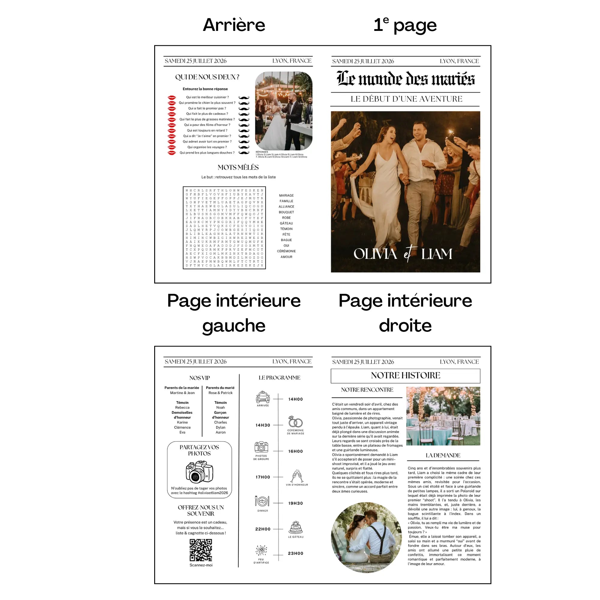 Aperçu en planche de la double page d’une gazette de mariage au style bohème.