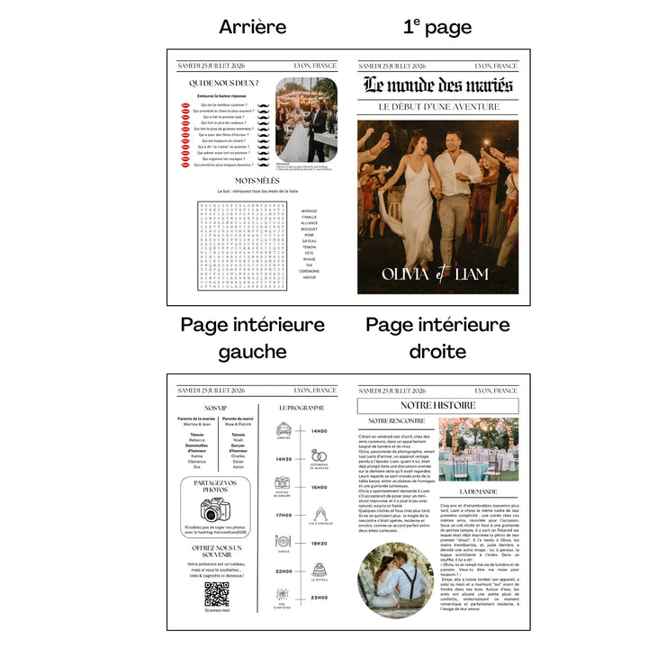 Aperçu en planche de la double page d’une gazette de mariage au style bohème.