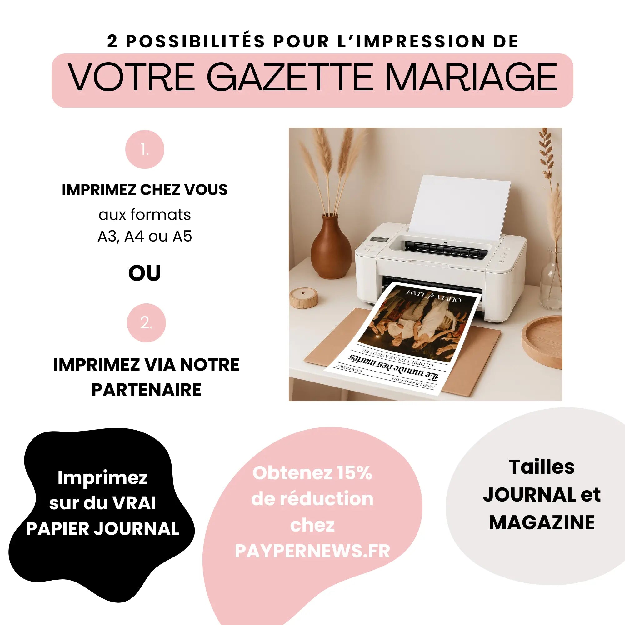 Visuel promotionnel expliquant deux options d’impression pour une gazette de mariage au style bohème, illustré par une imprimante déposant une page avec photo des mariés et texte, entourée de formes graphiques mentionnant formats disponibles, impression sur vrai papier journal et réduction chez un partenaire.