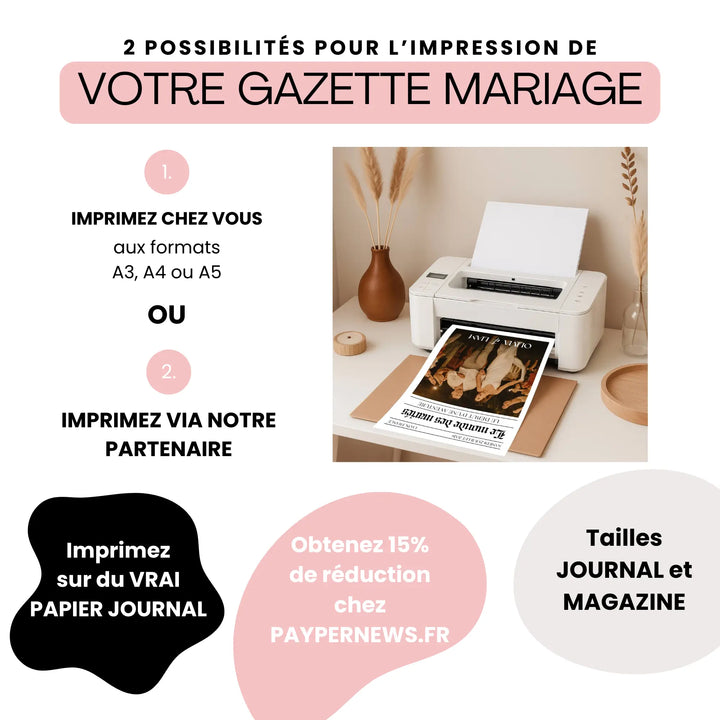 Visuel promotionnel expliquant deux options d’impression pour une gazette de mariage au style bohème, illustré par une imprimante déposant une page avec photo des mariés et texte, entourée de formes graphiques mentionnant formats disponibles, impression sur vrai papier journal et réduction chez un partenaire.