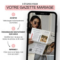 Charger l'image dans la visionneuse de la galerie, Smartphone montrant une femme lisant une gazette de mariage, à côté d’instructions en trois étapes pour acheter, personnaliser sur Canva et imprimer sa gazette des mariés classique.
