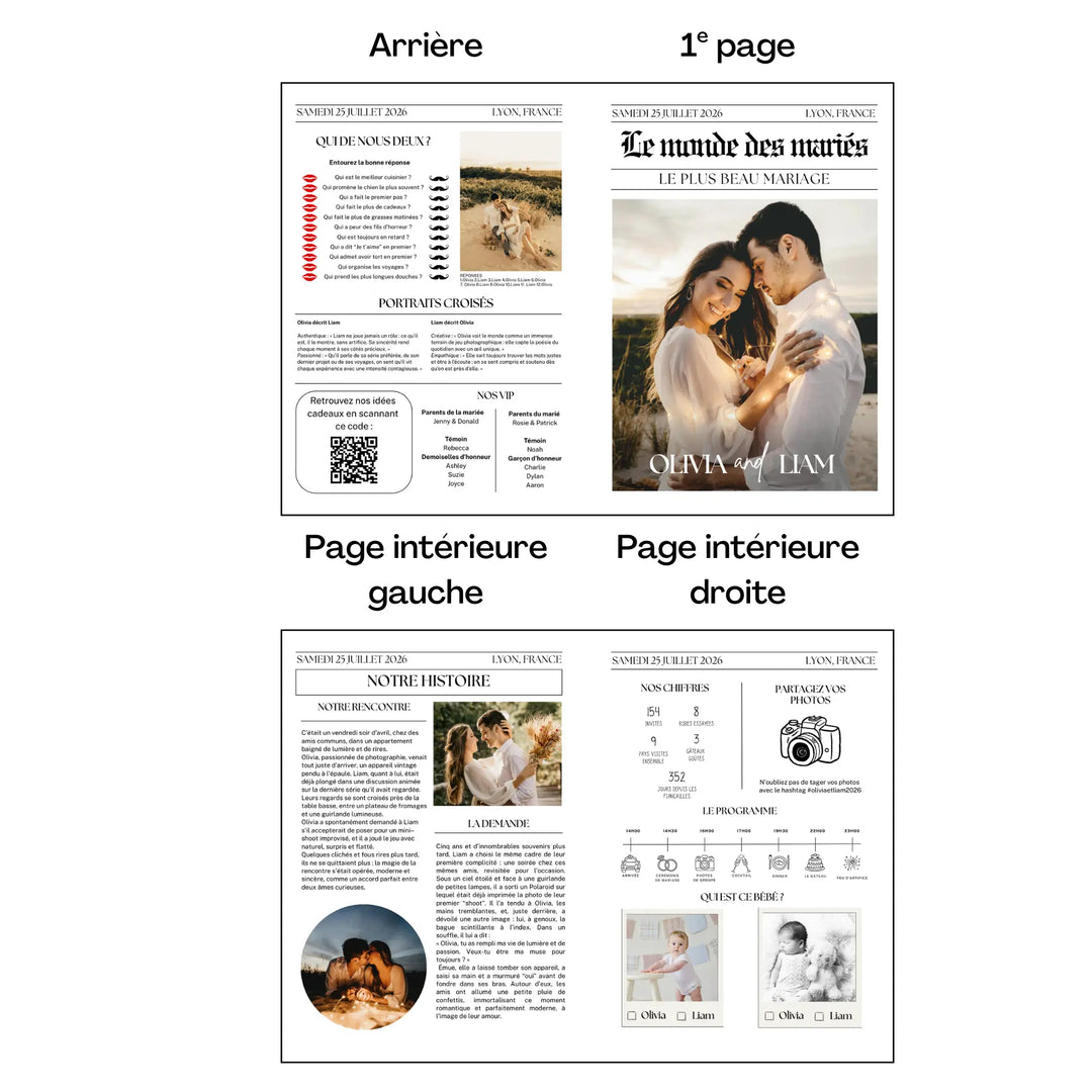 Aperçu d’une gazette des mariés classique personnalisée en quatre pages, avec couverture illustrée par une photo romantique des mariés, jeux interactifs, portraits croisés, récit de leur histoire, chiffres clés et programme de la journée.