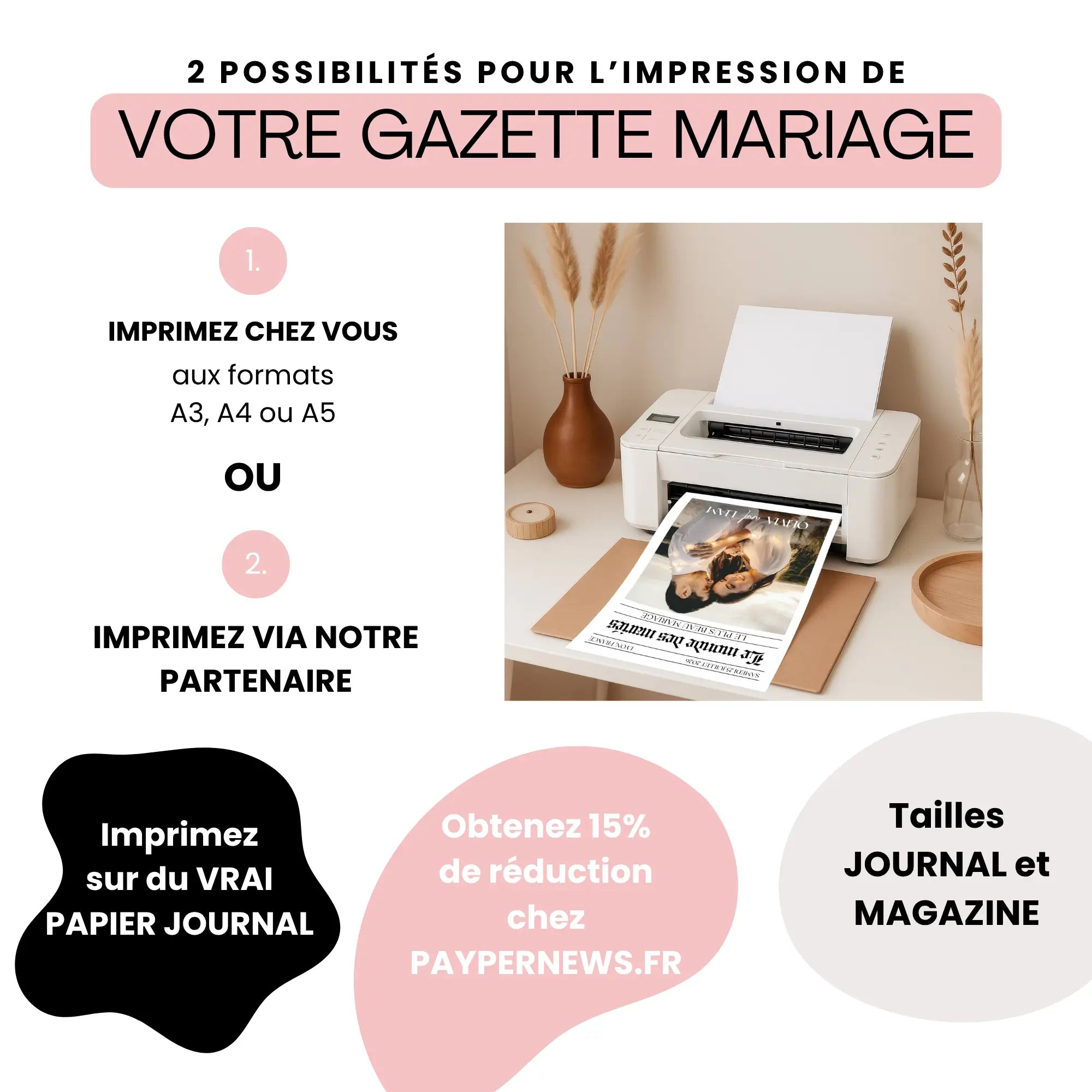 Visuel présentant deux options pour l’impression de votre Gazette des mariés classique : imprimer chez soi aux formats A3, A4 ou A5, ou via un partenaire sur vrai papier journal, avec une réduction de 15%. Une imprimante domestique imprime la couverture illustrée par une photo romantique des mariés.