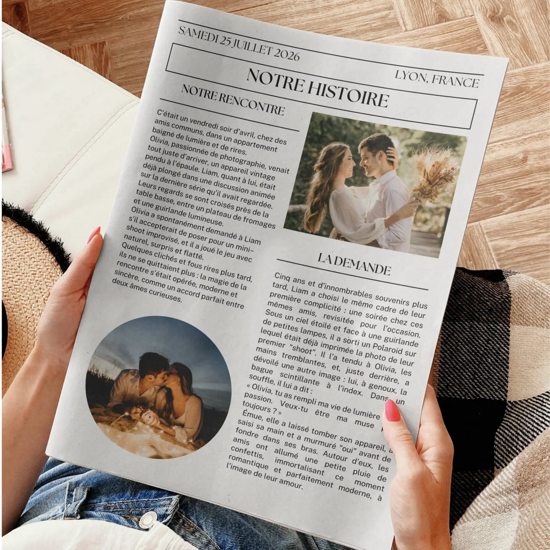 Gros plan sur une gazette des mariés classique personnalisée racontant l’histoire des mariés, avec leurs photos, le récit de leur rencontre et de la demande en mariage, tenue entre les mains d’une personne assise.