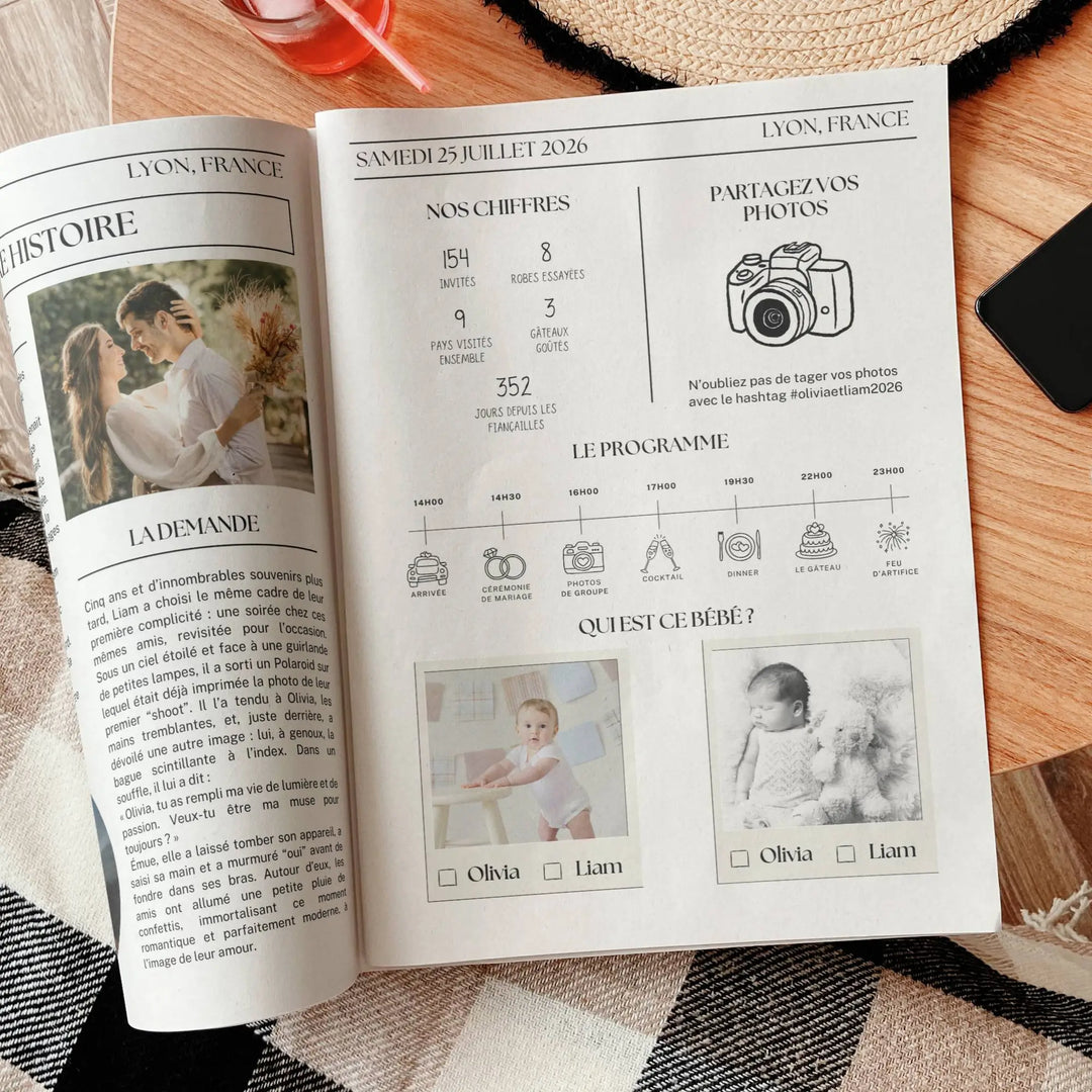 Double page d’une gazette des mariés classique posée sur une couverture à carreaux, présentant à gauche la demande en mariage et à droite un programme illustré de la journée, des chiffres clés, un espace pour partager des photos et un jeu “Qui est ce bébé ?” avec des photos d’enfance des mariés.
