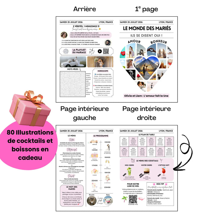 Aperçu d’une gazette des mariés love. L’image montre les quatre pages : couverture avec un grand cœur composé de photos romantiques et les prénoms des mariés, page arrière avec jeux ("2 vérités, 1 mensonge", mots mêlés, horoscope, playlist avec QR code), pages intérieures avec menu, programme de la journée, plan de table, carte des invités, encadré pour le mot des mariés et section "Le menu des cocktails". 