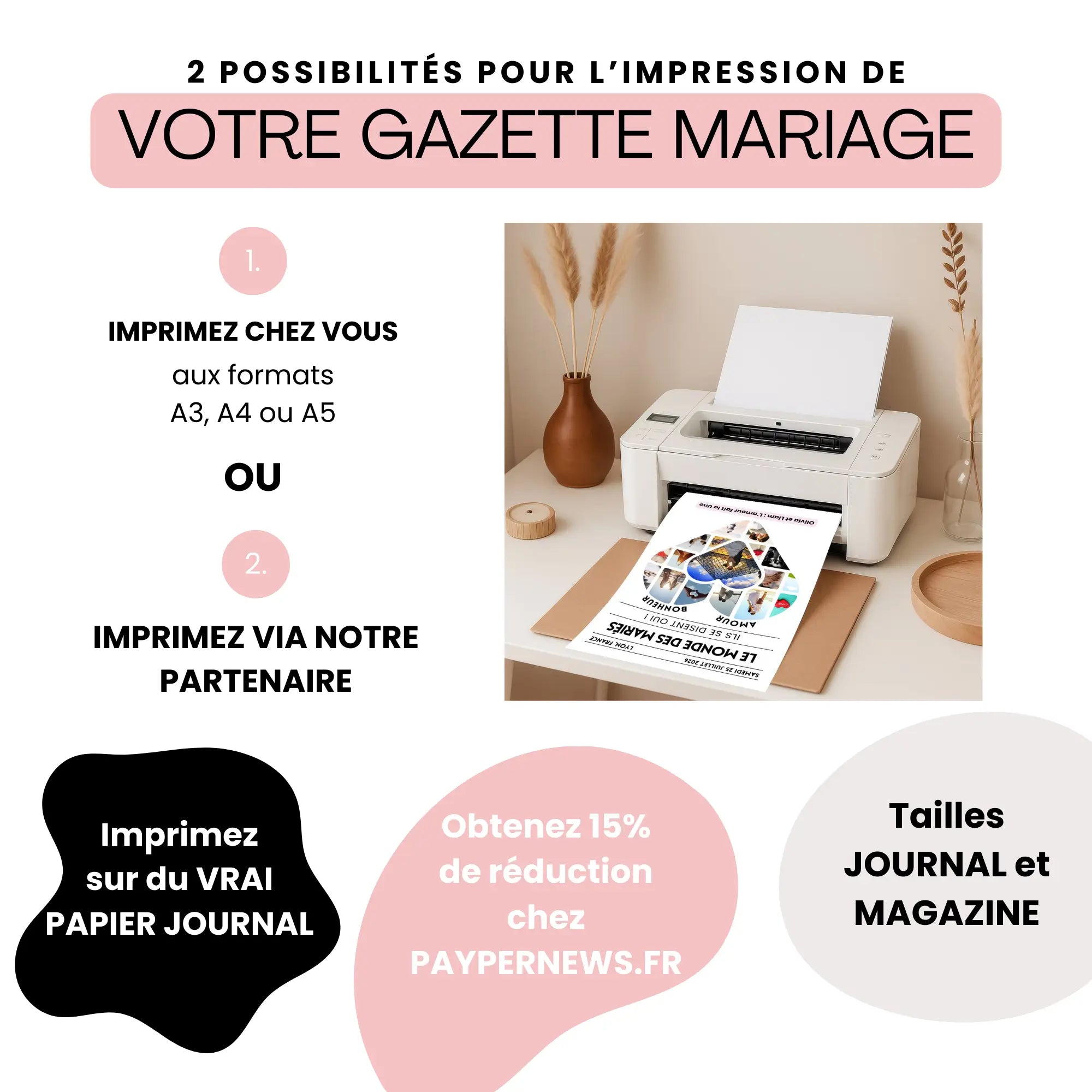 Visuel promotionnel présentant deux options d’impression pour une gazette des mariés love : impression chez soi en formats A3, A4 ou A5, ou impression via un partenaire. Image d’une imprimante sur un bureau imprimant la gazette. Mentions “Imprimez sur du vrai papier journal”, “Obtenez 15% de réduction chez paypernews.fr” et “Tailles journal et magazine”.