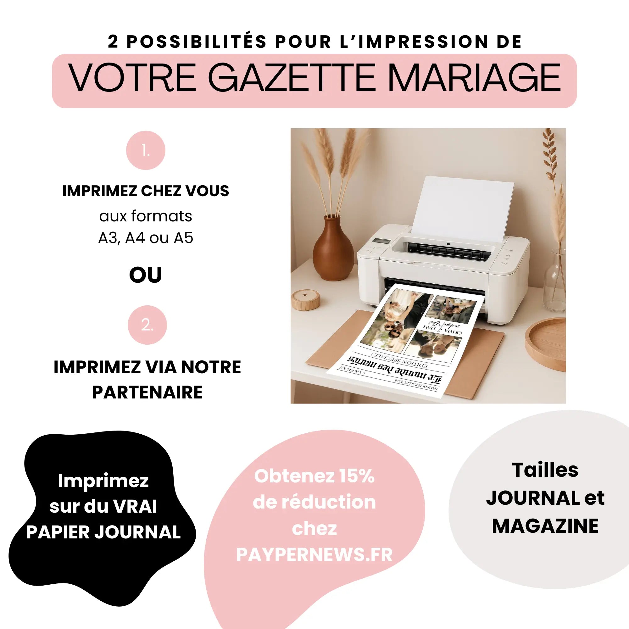 Visuel promotionnel présentant deux options pour imprimer une gazette de mariage originale : chez soi aux formats A3, A4 ou A5, ou via un partenaire. 