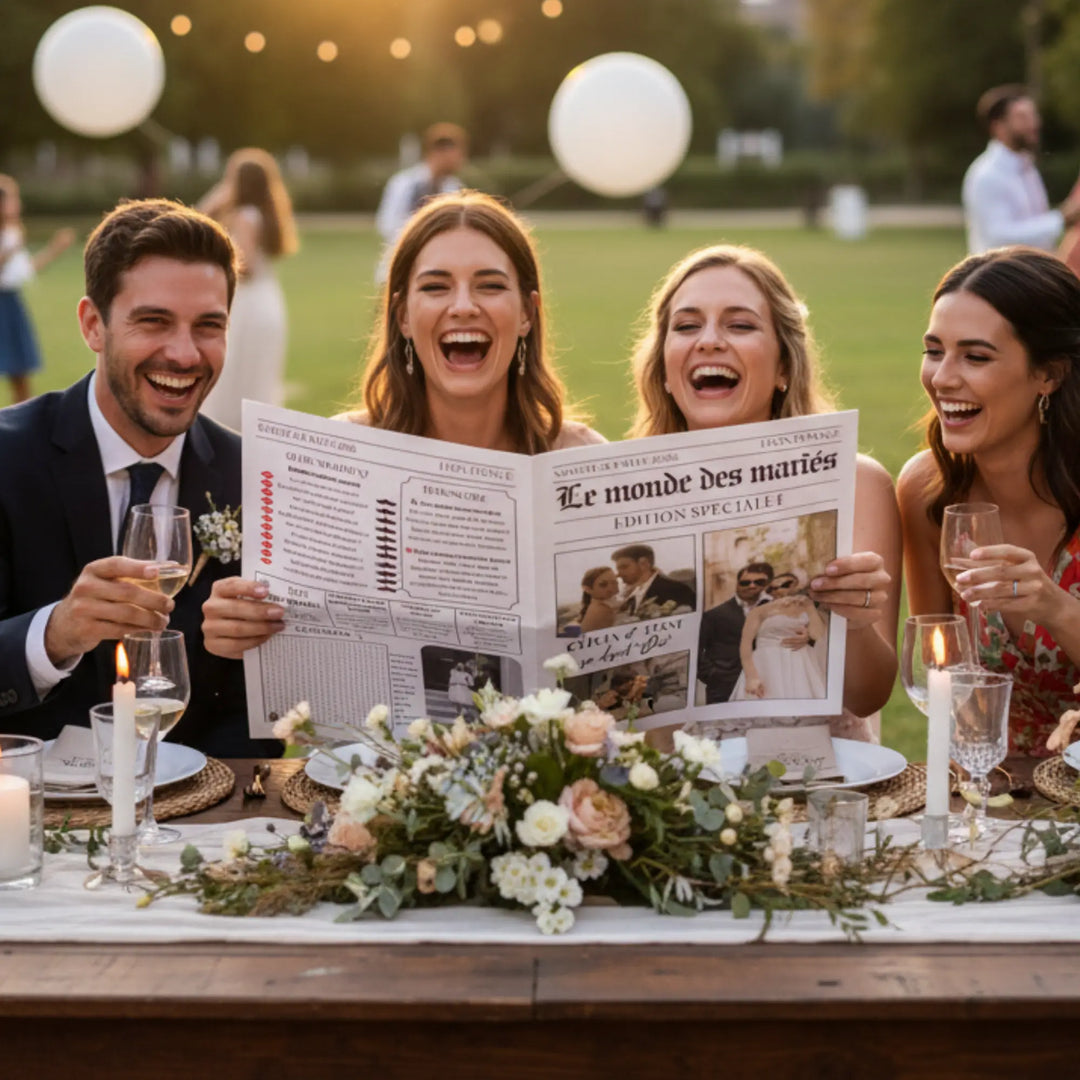 invités du mariage rient en lisant la gazette mariage personnalisée.