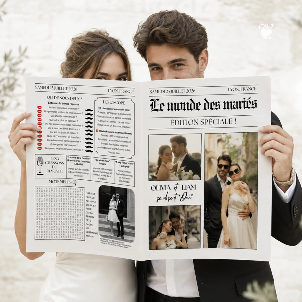 Photo d'une femme tenant dans la main la gazette mariage originale, un journal personnalisé par le couple pour offrir aux invités du mariage.