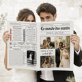 Photo d'une femme tenant dans la main la gazette mariage originale, un journal personnalisé par le couple pour offrir aux invités du mariage.