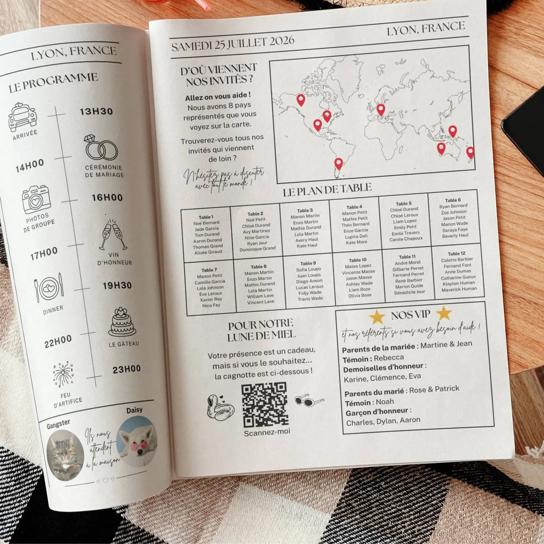 Double page intérieure d’une gazette de mariage  originale posée sur une couverture à carreaux. À gauche, le programme de la journée illustré par des icônes (arrivée, cérémonie, photos de groupe, vin d’honneur, dîner, gâteau, feu d’artifice) et deux photos de chats nommés Gangster et Daisy. À droite, une carte du monde indiquant l’origine des invités, un plan de table numéroté, un encart pour contribuer à la lune de miel avec QR code, et la liste des VIP du mariage.