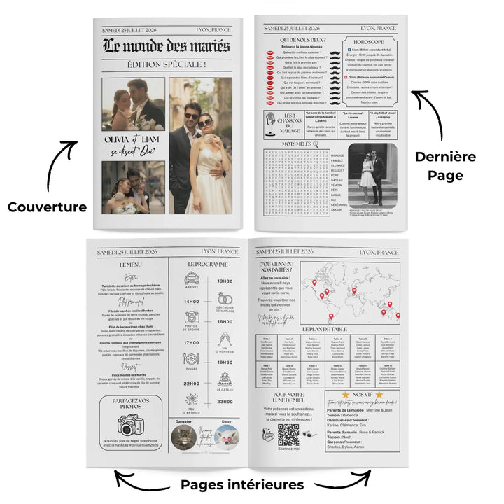 Contenu des 4 pages du journal personnalisé mariage originale, modèle canva.